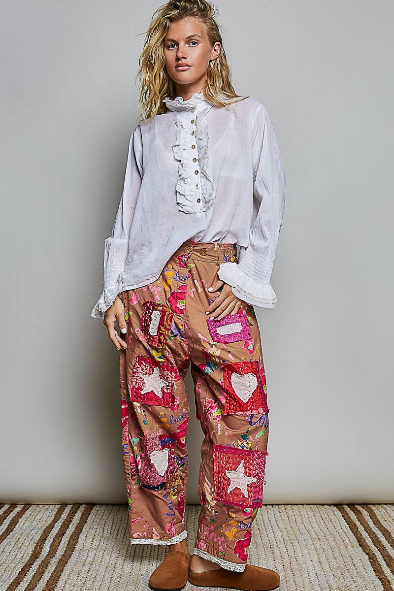 Heart Star Patch Elastic Waistband Lace Trim Straight Pants in Cinn - ivyandlavyboutique Pol Clothing