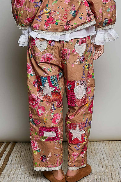 Heart Star Patch Elastic Waistband Lace Trim Straight Pants in Cinn - ivyandlavyboutique Pol Clothing