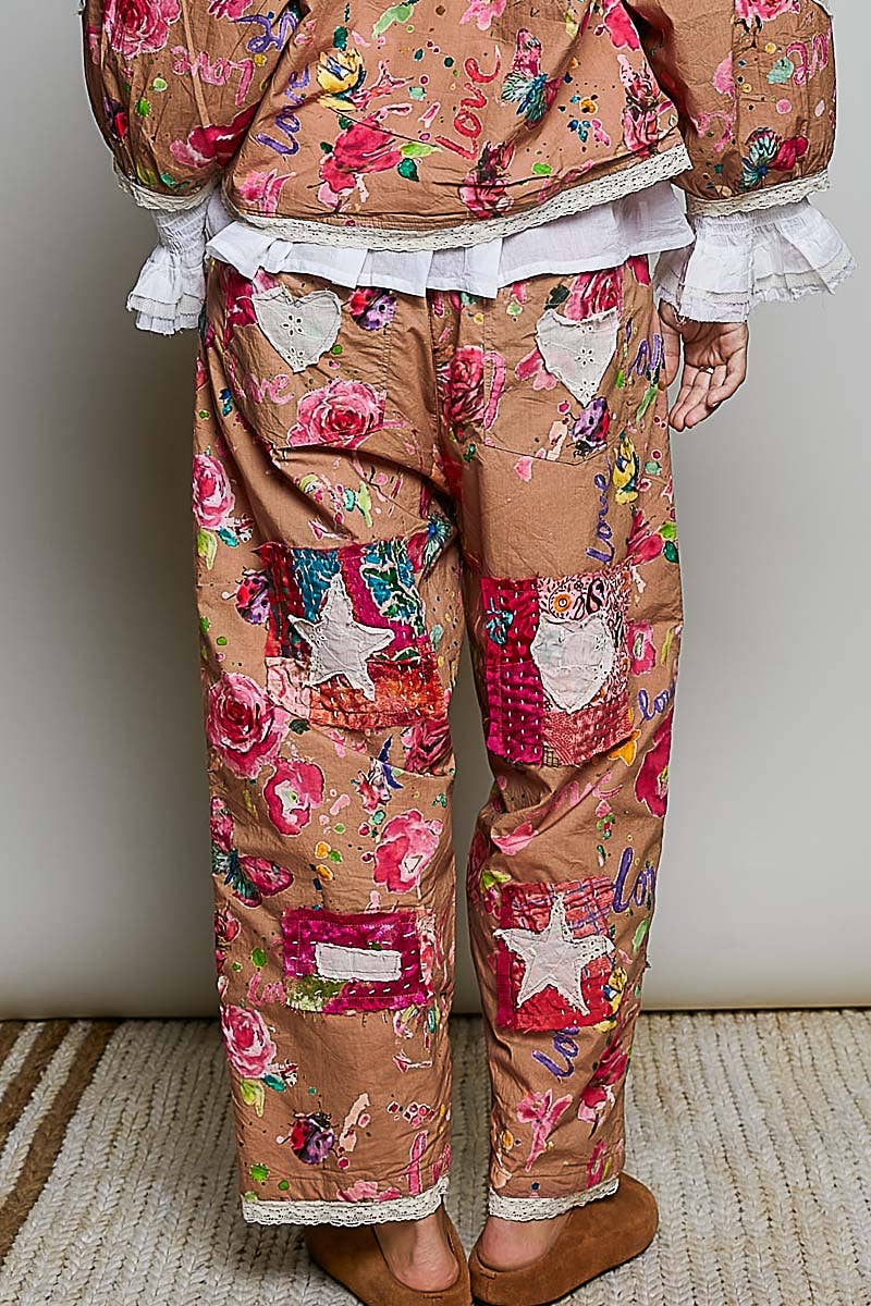 Heart Star Patch Elastic Waistband Lace Trim Straight Pants in Cinn - ivyandlavyboutique Pol Clothing