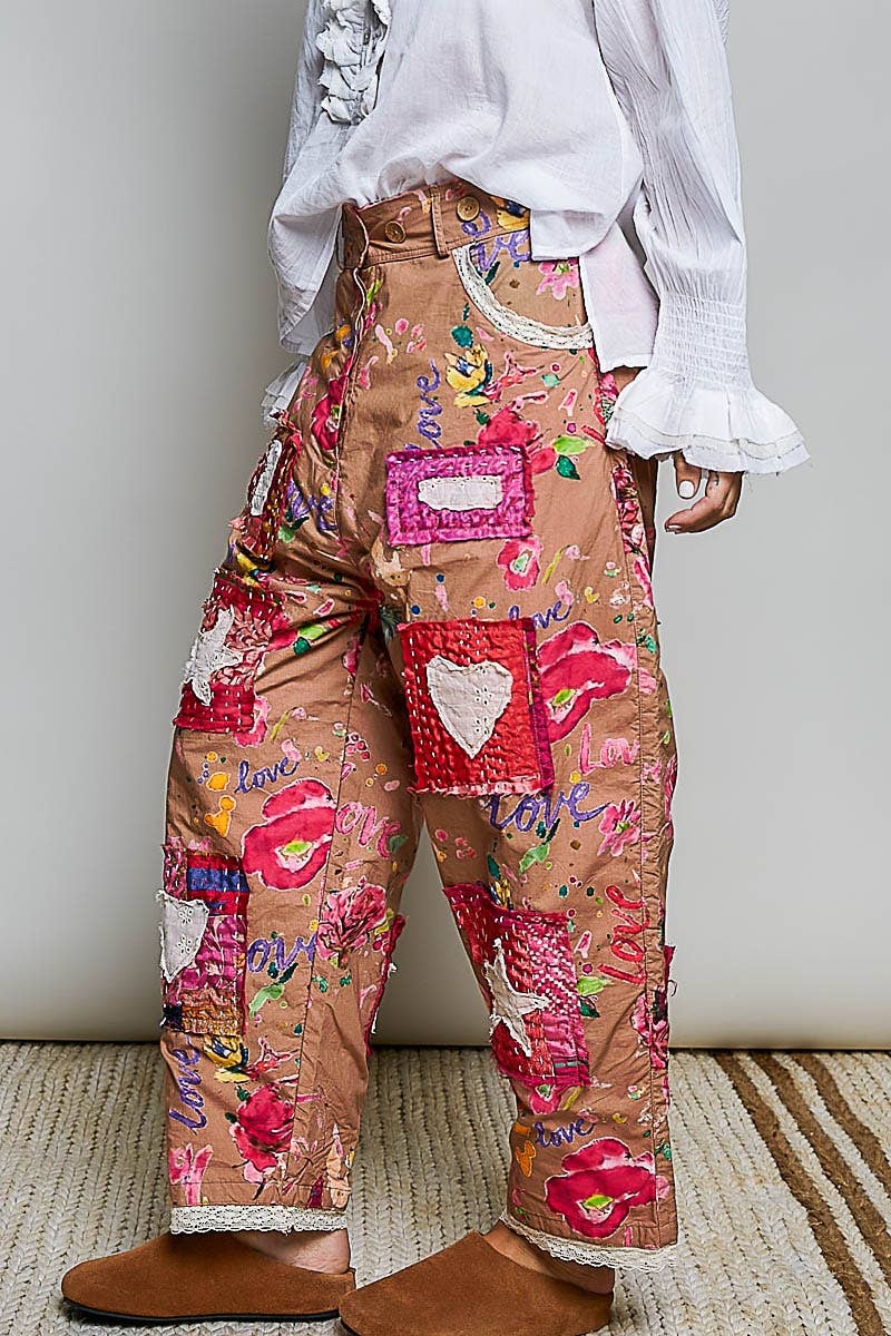 Heart Star Patch Elastic Waistband Lace Trim Straight Pants in Cinn - ivyandlavyboutique Pol Clothing