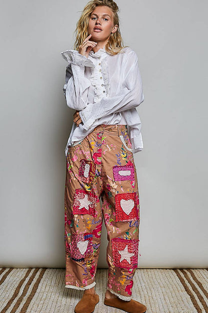 Heart Star Patch Elastic Waistband Lace Trim Straight Pants in Cinn - ivyandlavyboutique Pol Clothing