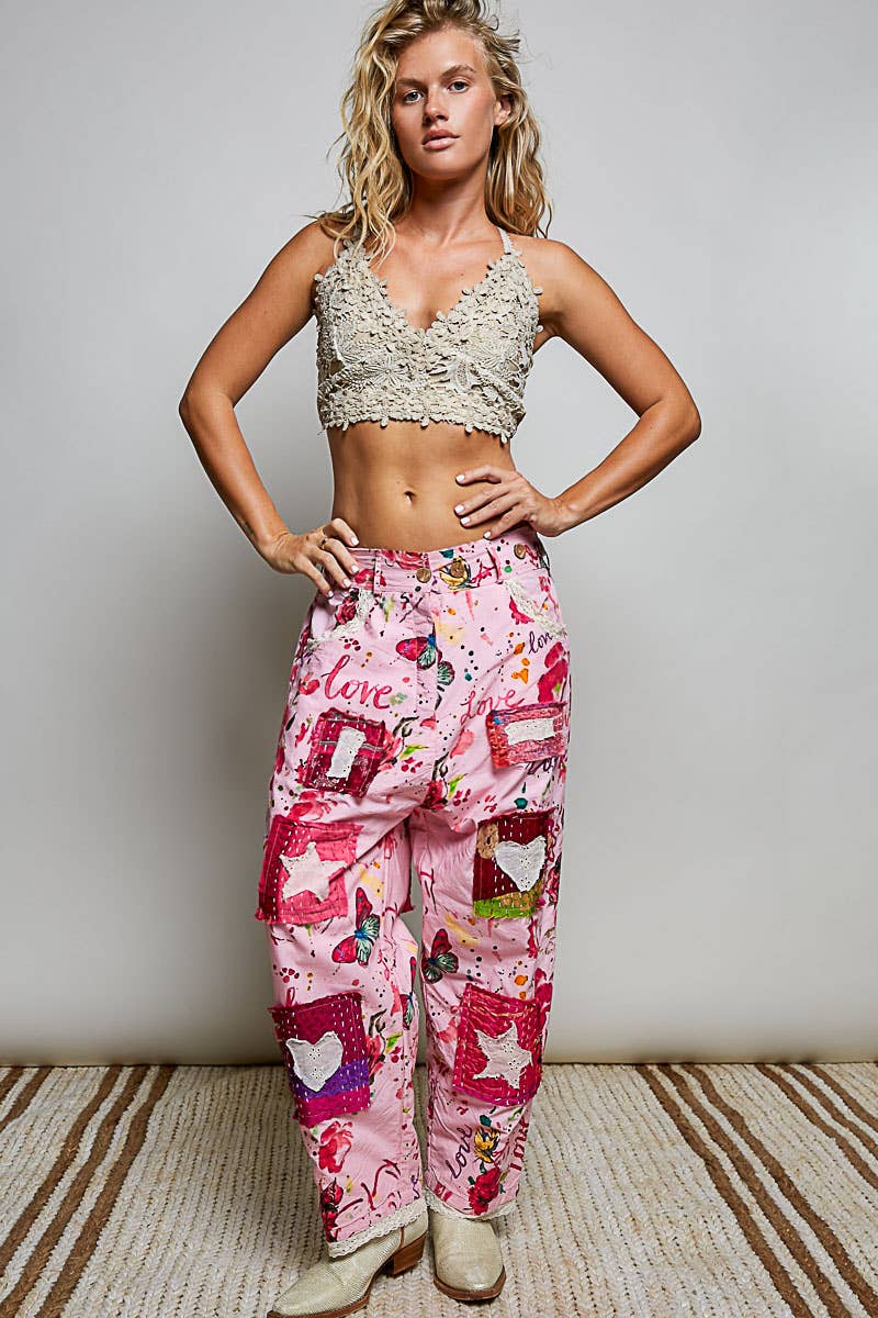Heart Star Patch Elastic Waistband Lace Trim Straight Pants in Pink - ivyandlavyboutique Pol Clothing