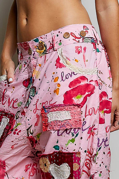 Heart Star Patch Elastic Waistband Lace Trim Straight Pants in Pink - ivyandlavyboutique Pol Clothing