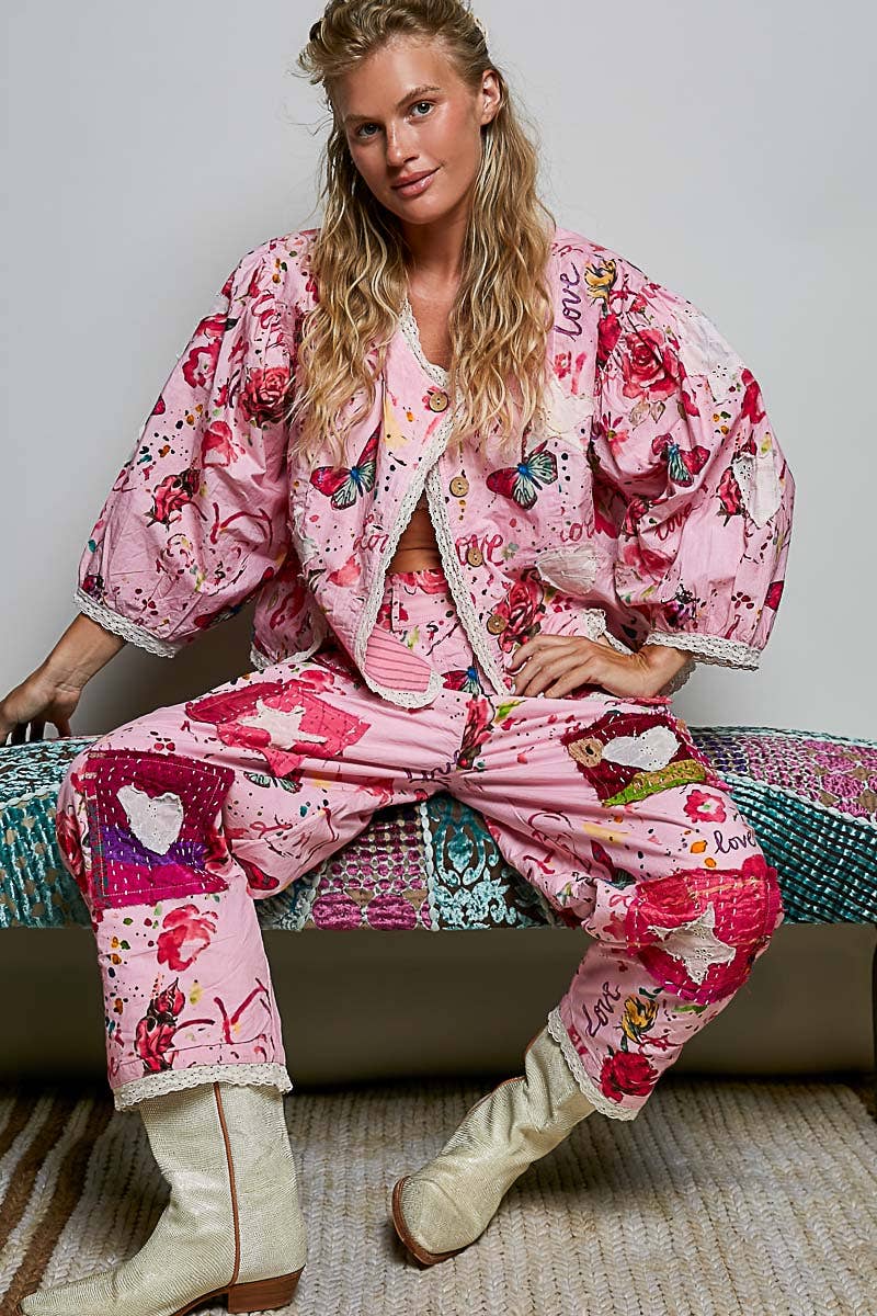 Heart Star Patch Elastic Waistband Lace Trim Straight Pants in Pink - ivyandlavyboutique Pol Clothing