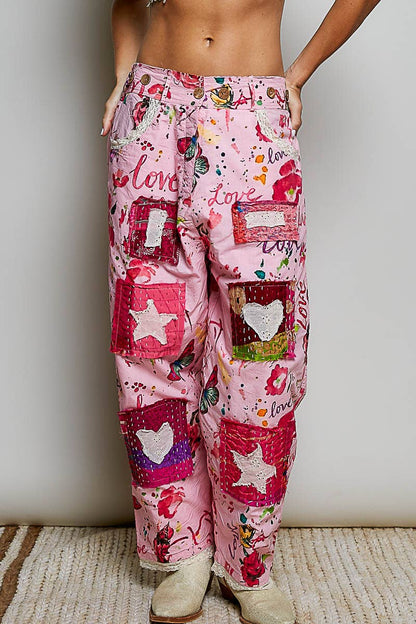 Heart Star Patch Elastic Waistband Lace Trim Straight Pants in Pink - ivyandlavyboutique Pol Clothing