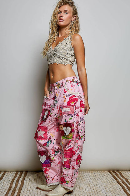 Heart Star Patch Elastic Waistband Lace Trim Straight Pants in Pink - ivyandlavyboutique Pol Clothing
