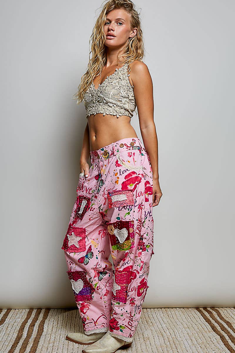 Heart Star Patch Elastic Waistband Lace Trim Straight Pants in Pink - ivyandlavyboutique Pol Clothing