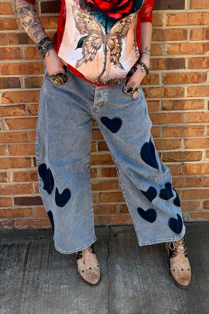 Hearts Barrel Painted Star Jeans - ivyandlavyboutique Blue Velvet