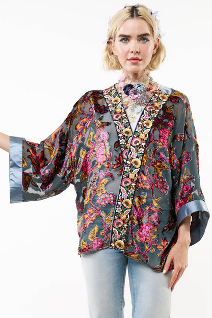 Holiday Jewels Burnout Velvet Kimono / Topper : Charcoal / One Size - ivyandlavyboutique Aratta