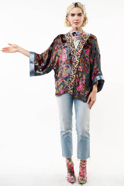 Holiday Jewels Burnout Velvet Kimono / Topper : Charcoal / One Size - ivyandlavyboutique Aratta