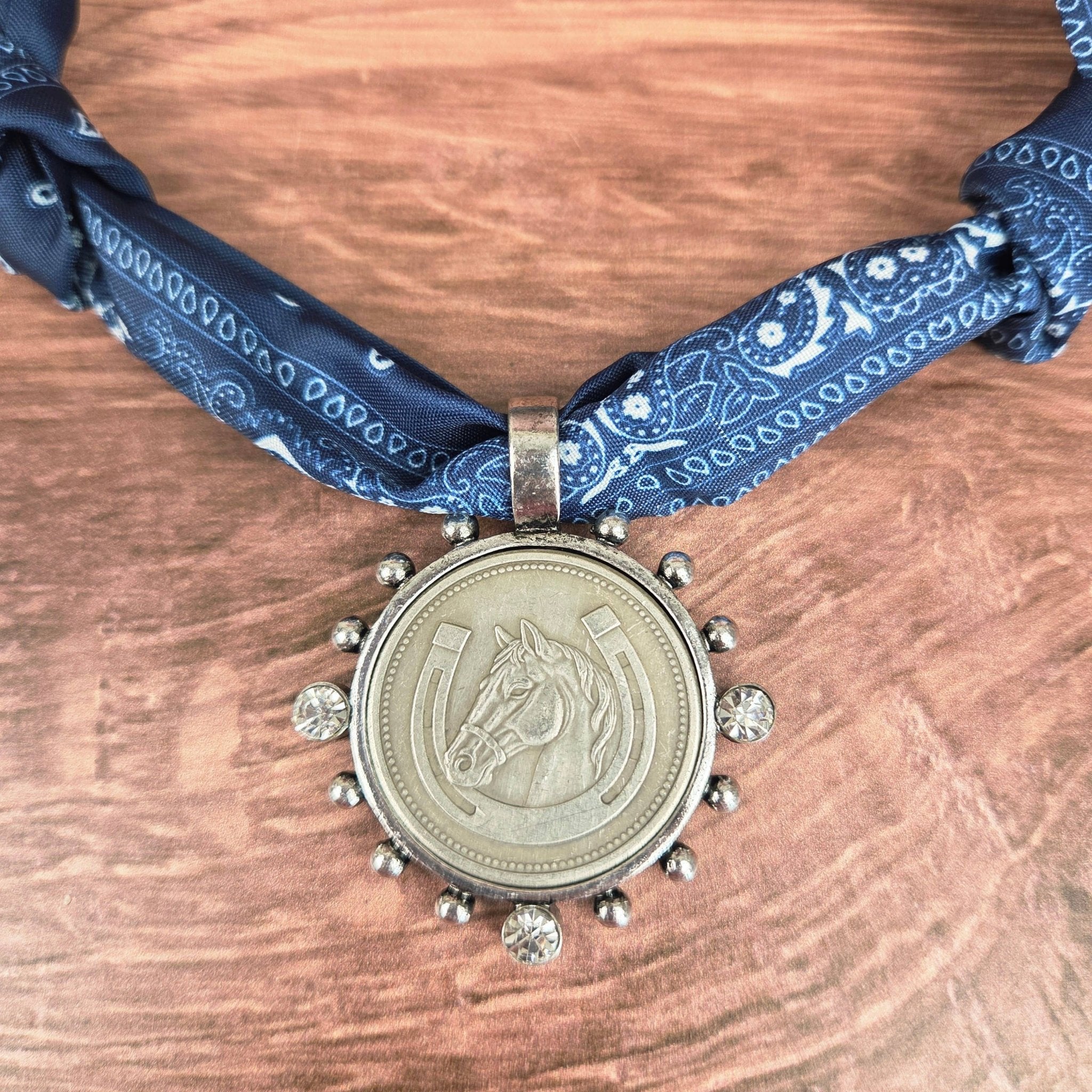 Horse with Horseshoe Coin in Silver Bezel Ribbon Necklace - ivyandlavyboutique ZINC Designs