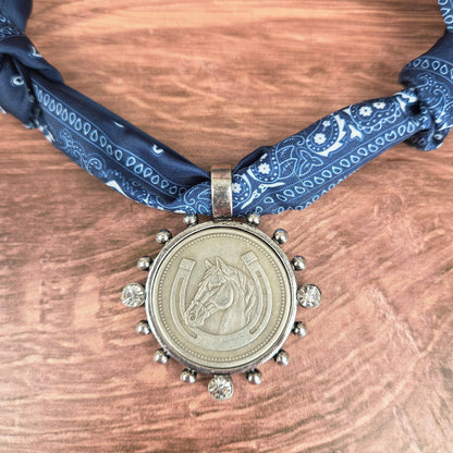 Horse with Horseshoe Coin in Silver Bezel Ribbon Necklace - ivyandlavyboutique ZINC Designs
