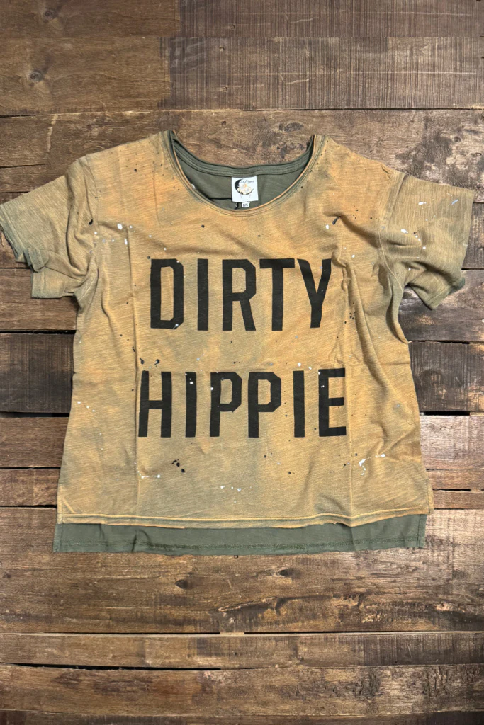 Dirty Hippie -  Vintage Olive Moon Dance Distressed Cotton Tee Top
