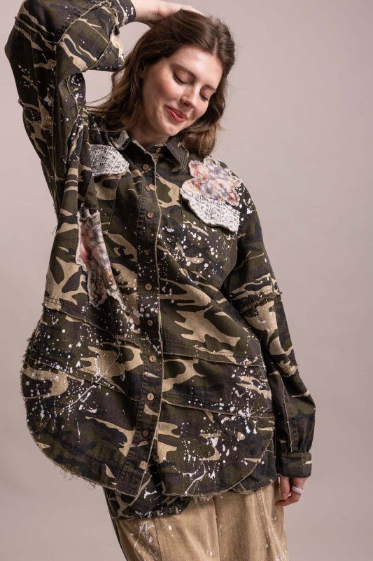 In the Unknown Camo Print Patchwork Collard Neck Button Down - Boho Wanderlust Boutique Blue Velvet