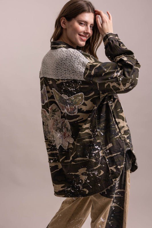 In the Unknown Camo Print Patchwork Collard Neck Button Down - Boho Wanderlust Boutique Blue Velvet