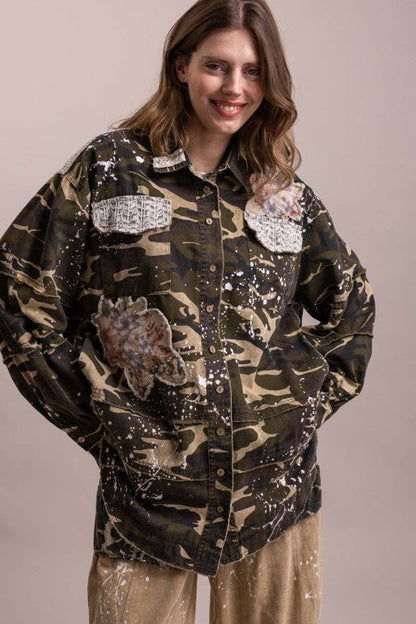 In the Unknown Camo Print Patchwork Collard Neck Button Down - Boho Wanderlust Boutique Blue Velvet