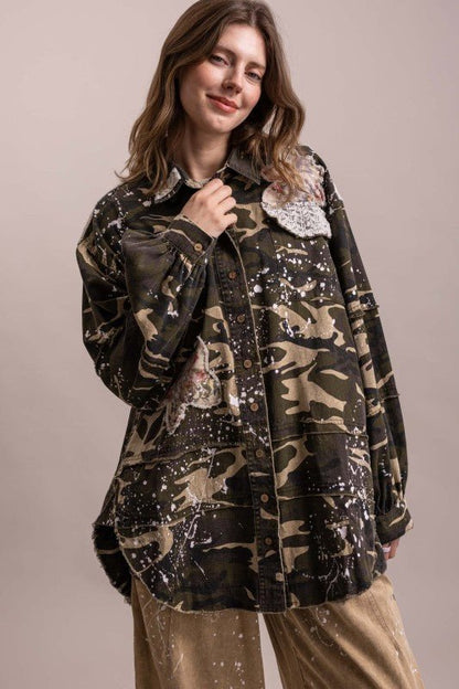 In the Unknown Camo Print Patchwork Collard Neck Button Down - Boho Wanderlust Boutique Blue Velvet