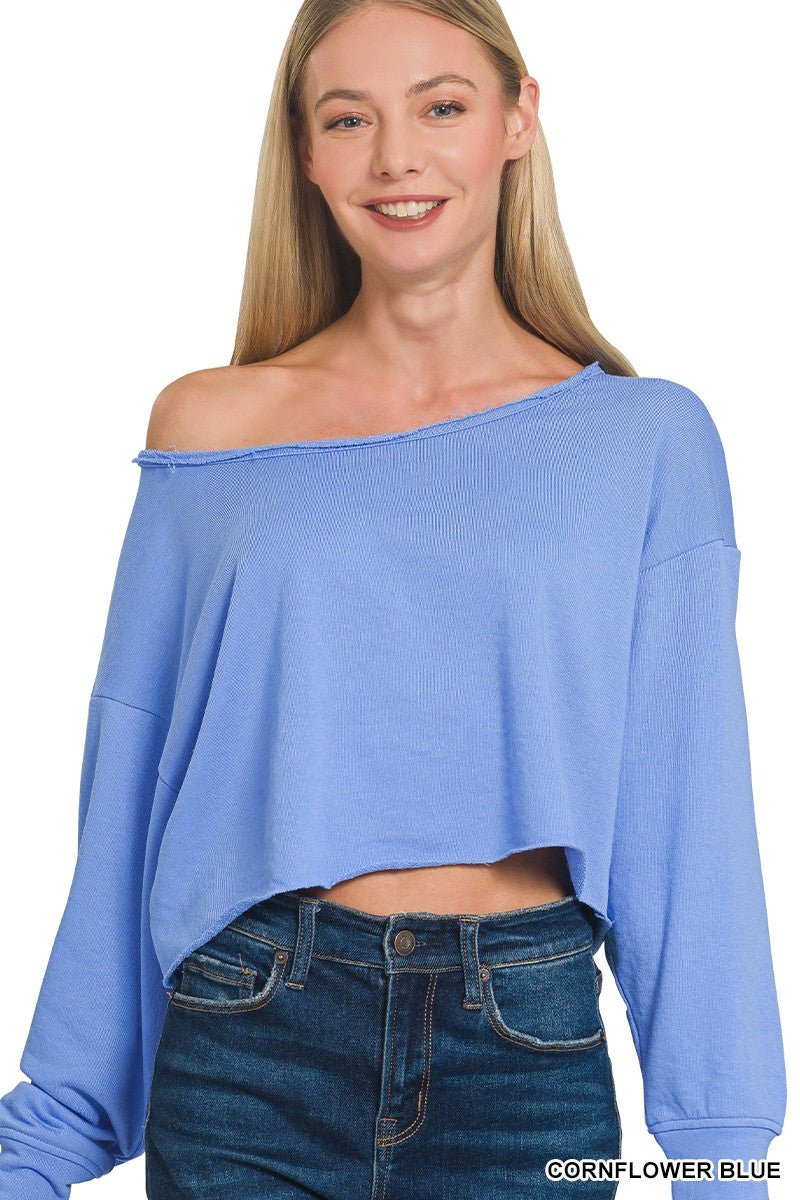 Janice French Terry Boatneck Crop Top - ivyandlavyboutique Zenana
