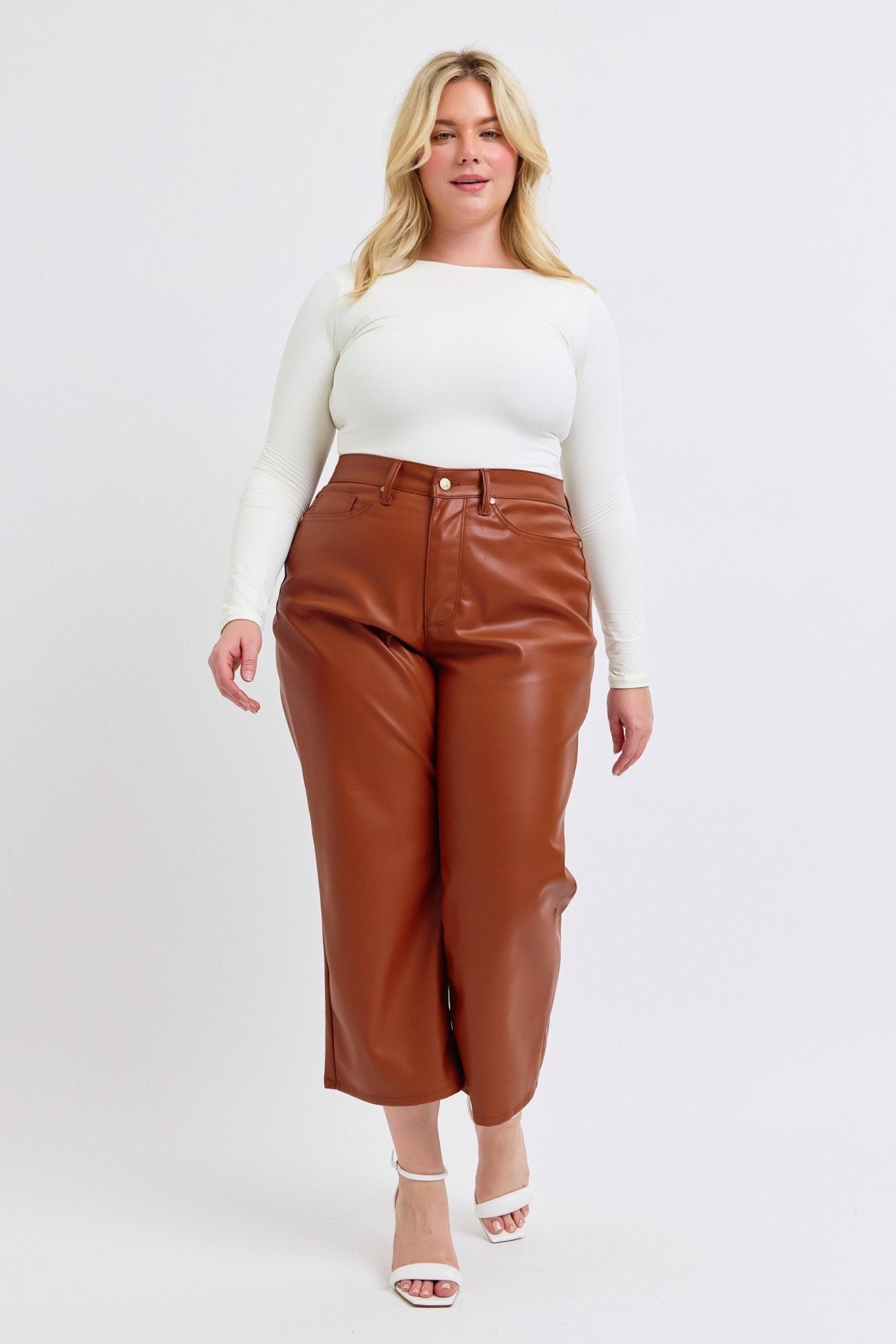 Judy Blue - The Stella Faux Leather Wide Crop Pant w/ Tummy Control - ivyandlavyboutique Judy Blue