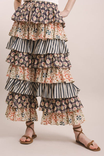 Just A Flirt Mixed Up Print Ruffle Pant - ivyandlavyboutique Blue Velvet