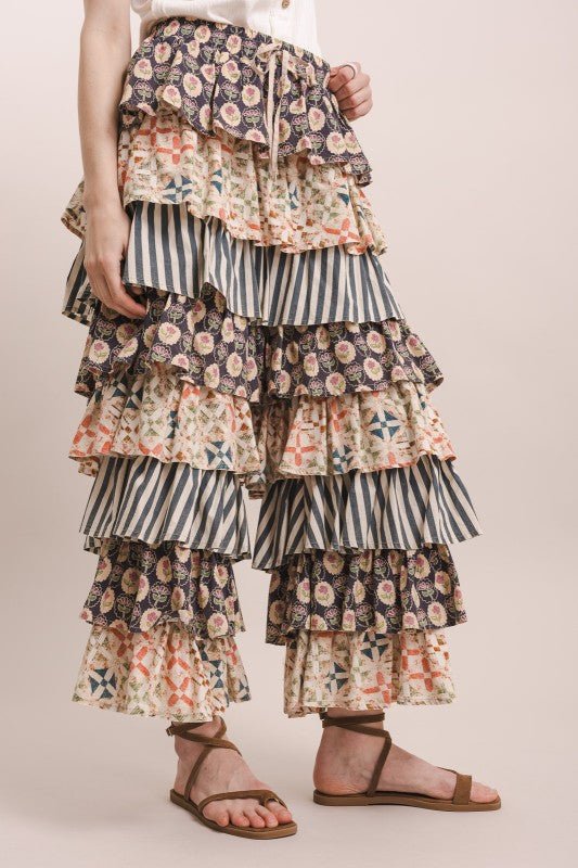 Just A Flirt Mixed Up Print Ruffle Pant - ivyandlavyboutique Blue Velvet