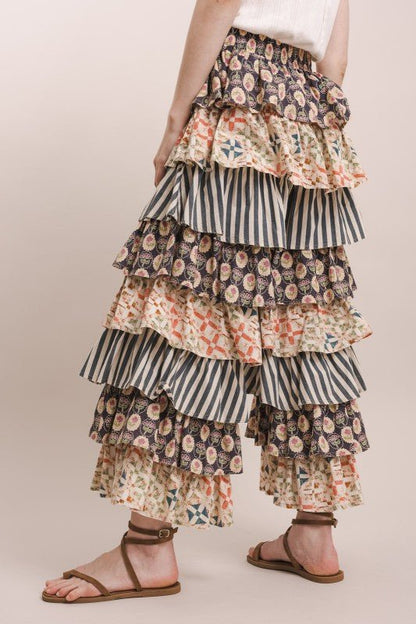 Just A Flirt Mixed Up Print Ruffle Pant - ivyandlavyboutique Blue Velvet