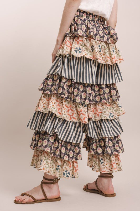 Just A Flirt Mixed Up Print Ruffle Pant - ivyandlavyboutique Blue Velvet