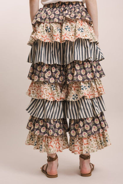 Just A Flirt Mixed Up Print Ruffle Pant - ivyandlavyboutique Blue Velvet