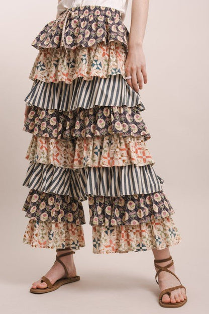 Just A Flirt Mixed Up Print Ruffle Pant - ivyandlavyboutique Blue Velvet