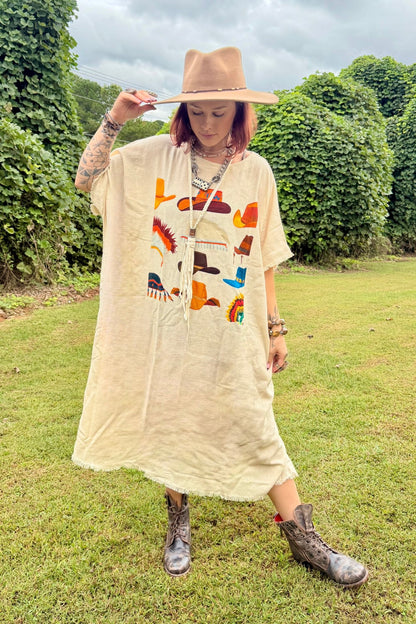 Kaftan Dress in Hat Graphic - ivyandlavyboutique LeParisPetit by I Love Linen