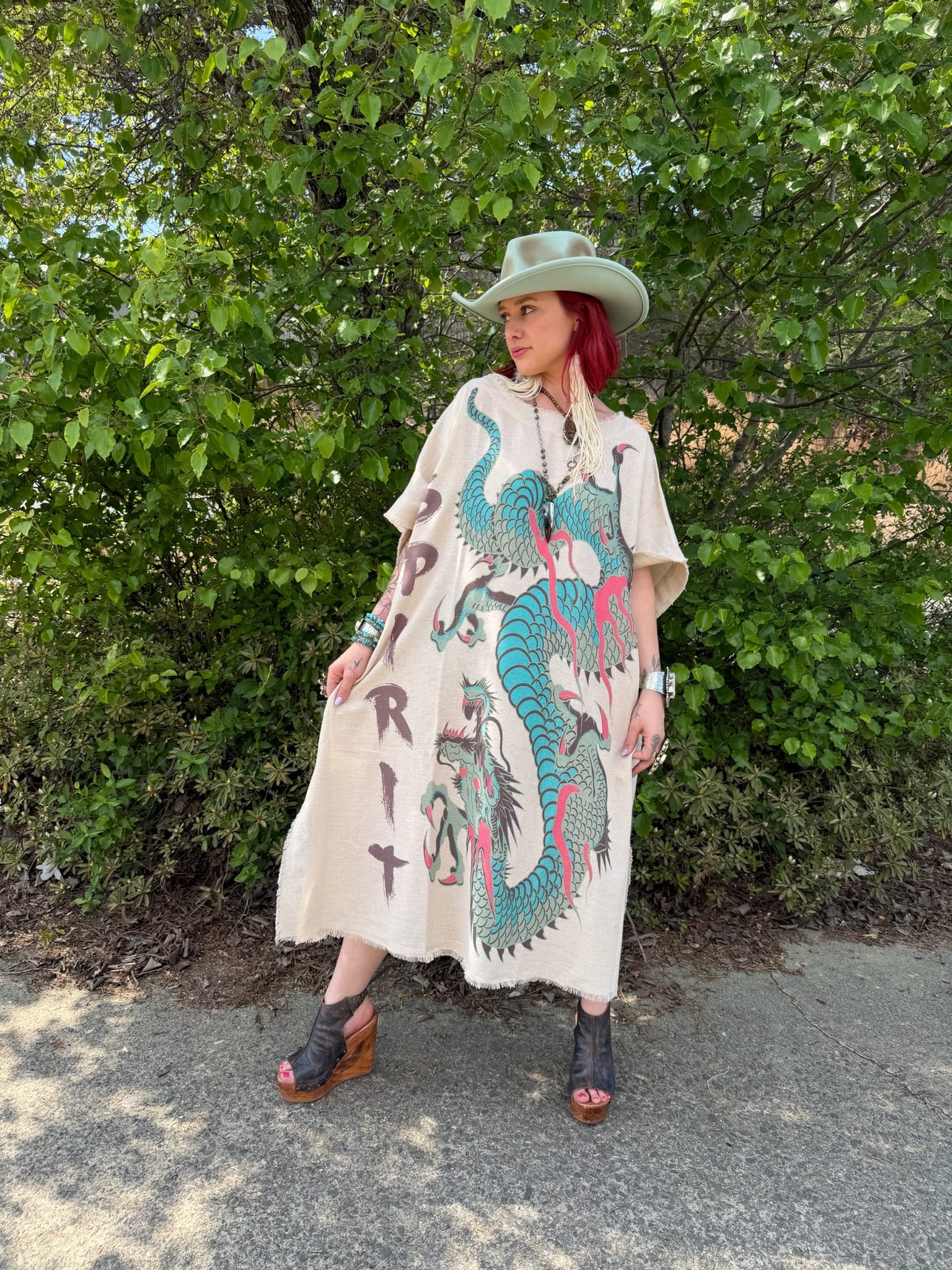 Kaftan Tunic Dress with Dragon Print - ivyandlavyboutique LeParisPetit by I Love Linen
