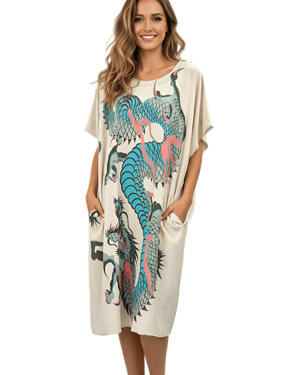 Kaftan Tunic Dress with Dragon Print - ivyandlavyboutique LeParisPetit by I Love Linen