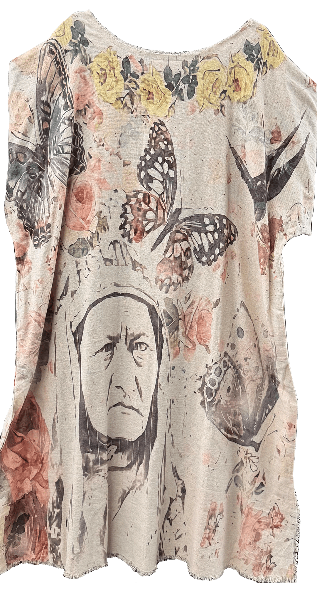 Kaftan Tunic Dress with Sketch of Indian Chief & Floral - ivyandlavyboutique LeParisPetit by I Love Linen