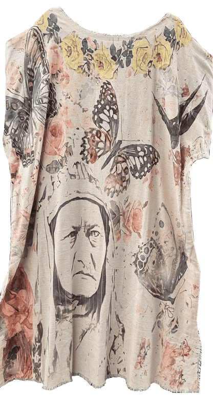 Kaftan Tunic Dress with Sketch of Indian Chief & Floral - ivyandlavyboutique LeParisPetit by I Love Linen
