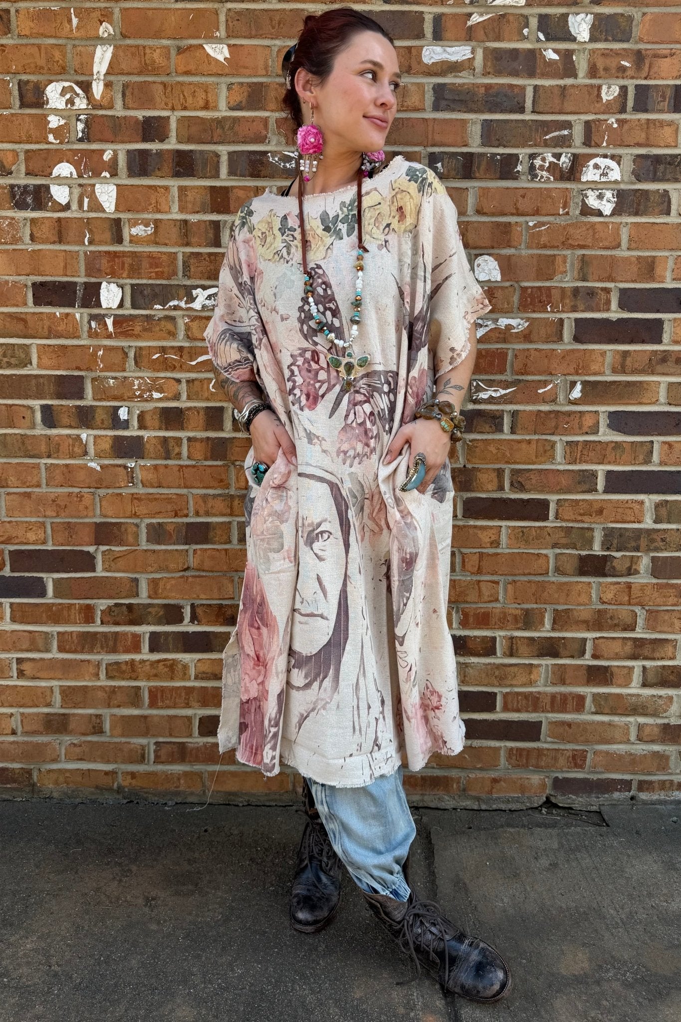 Kaftan Tunic Dress with Sketch of Indian Chief & Floral - ivyandlavyboutique LeParisPetit by I Love Linen