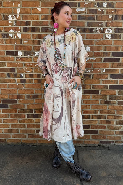 Kaftan Tunic Dress with Sketch of Indian Chief & Floral - ivyandlavyboutique LeParisPetit by I Love Linen