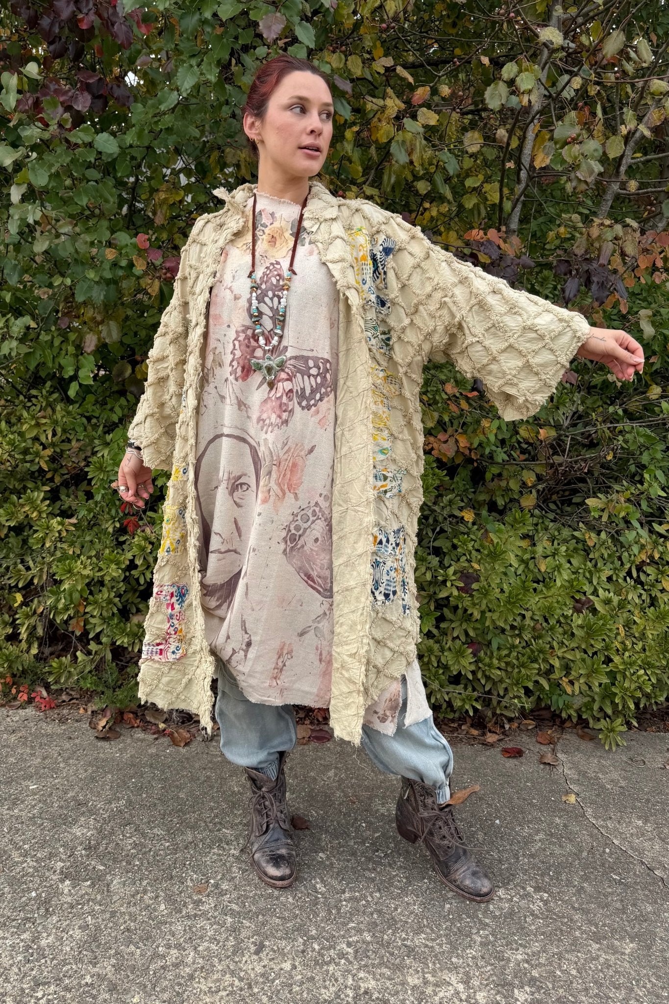 Kaftan Tunic Dress with Sketch of Indian Chief & Floral - ivyandlavyboutique LeParisPetit by I Love Linen