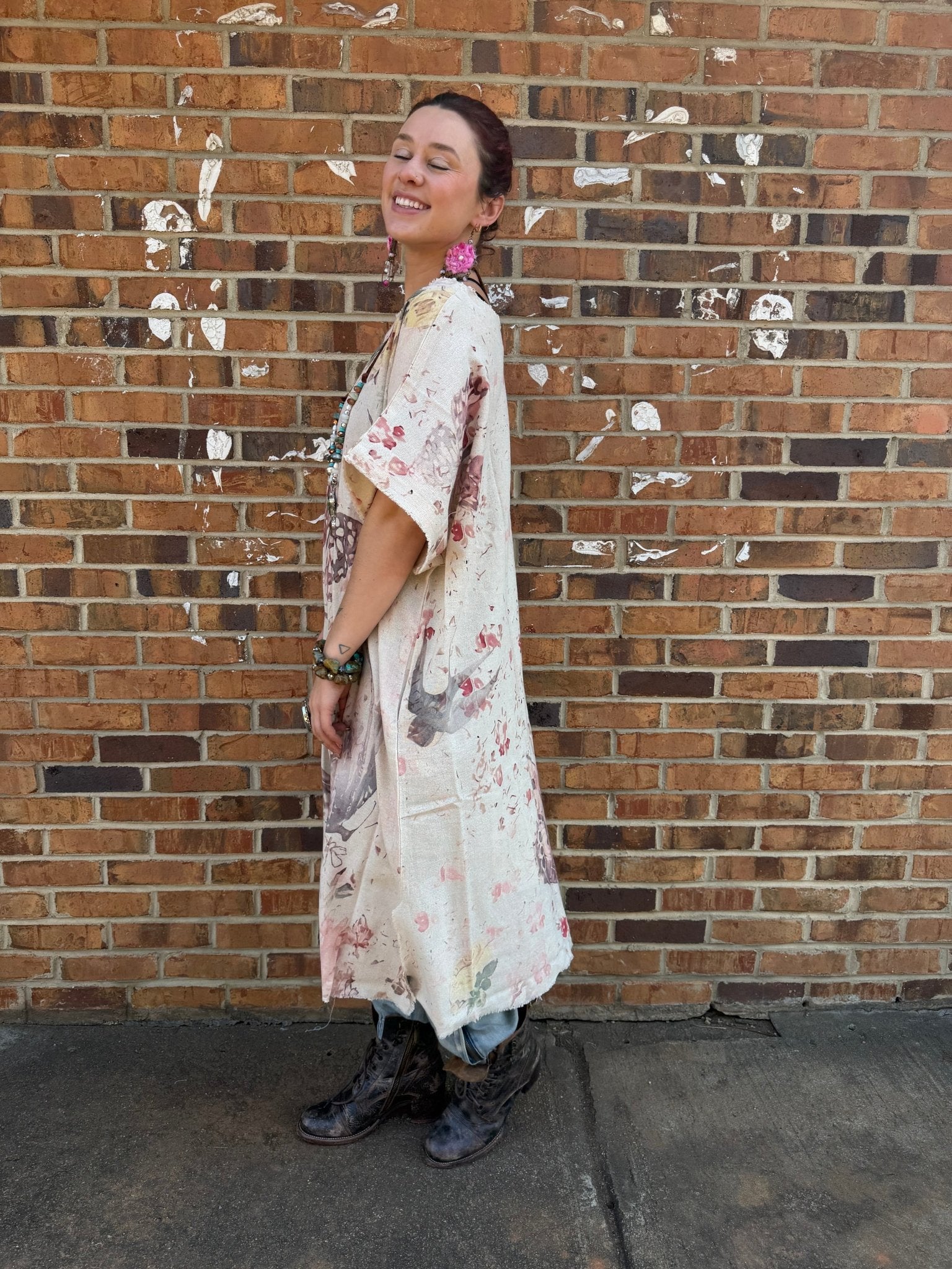 Kaftan Tunic Dress with Sketch of Indian Chief & Floral - ivyandlavyboutique LeParisPetit by I Love Linen