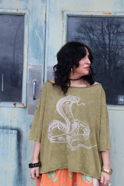 Kantha Bae Boxy Dream Tee - Olive - Snake Boho Graphic - ivyandlavyboutique Kantha Bae