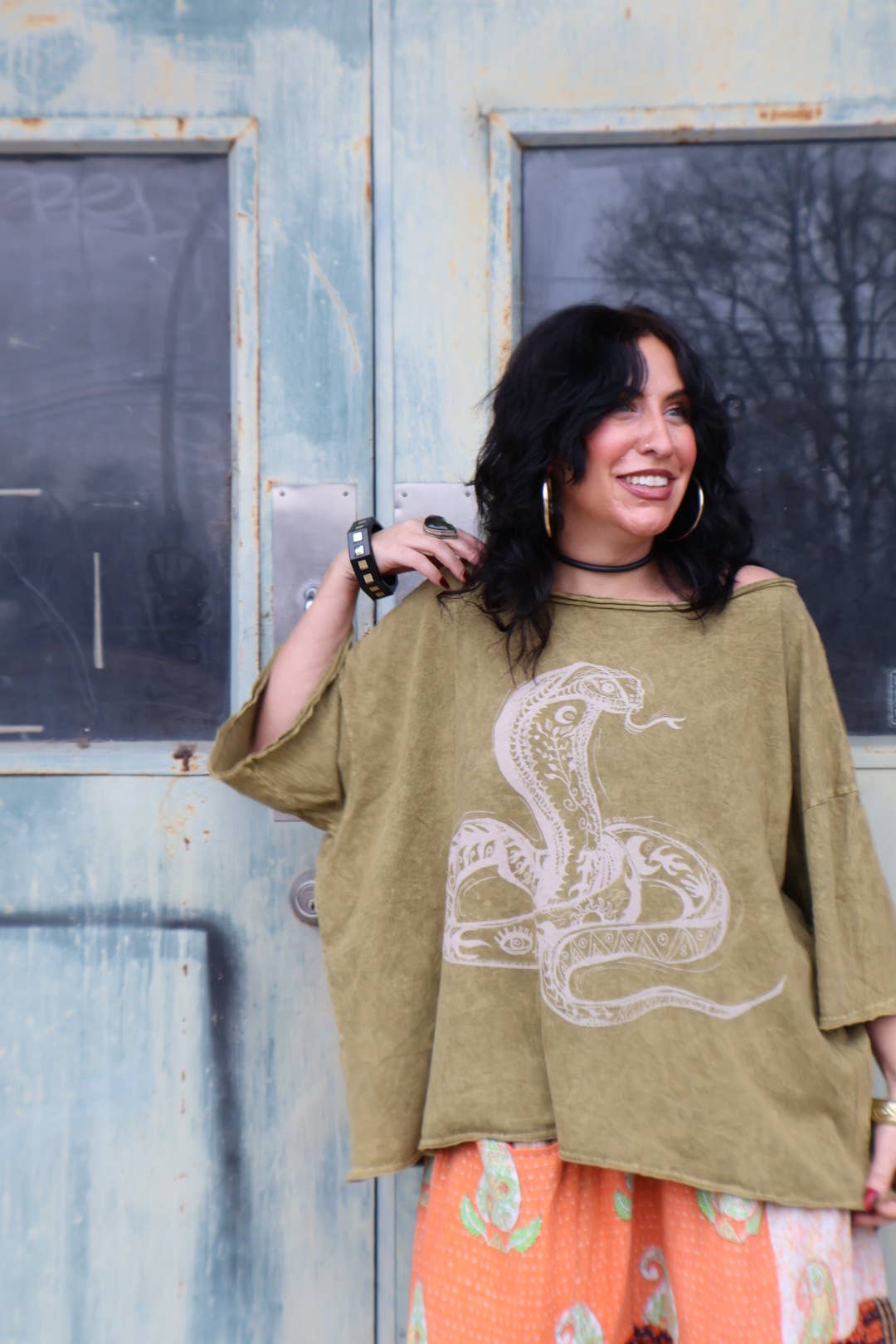 Kantha Bae Boxy Dream Tee - Olive - Snake Boho Graphic - ivyandlavyboutique Kantha Bae