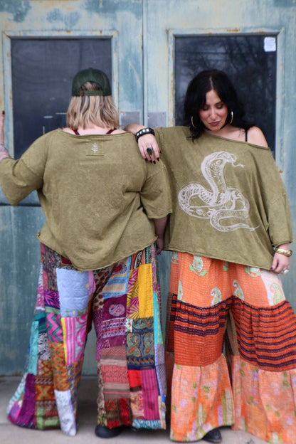 Kantha Bae Boxy Dream Tee - Olive - Snake Boho Graphic - ivyandlavyboutique Kantha Bae
