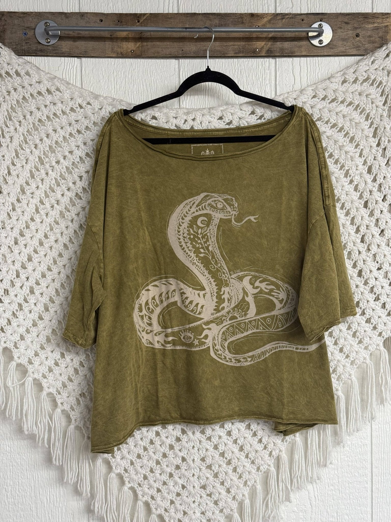 Kantha Bae Boxy Dream Tee - Olive - Snake Boho Graphic - ivyandlavyboutique Kantha Bae
