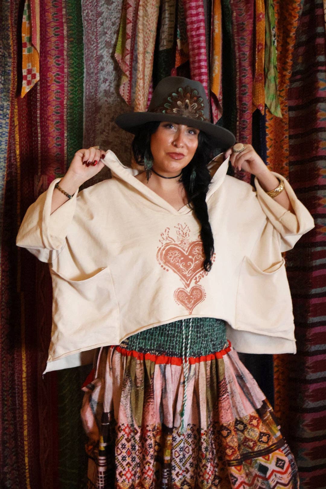 Kantha Bae Dream Cropped Hoodie - Cream Boho Heart Graphi - ivyandlavyboutique Kantha Bae