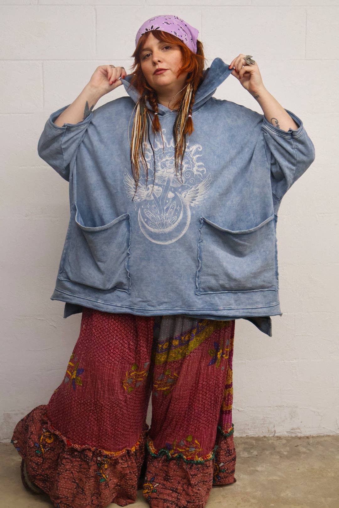 Kantha Bae Dream Pullover Hoodie - Washed Denim Boho Graphic - ivyandlavyboutique Kantha Bae