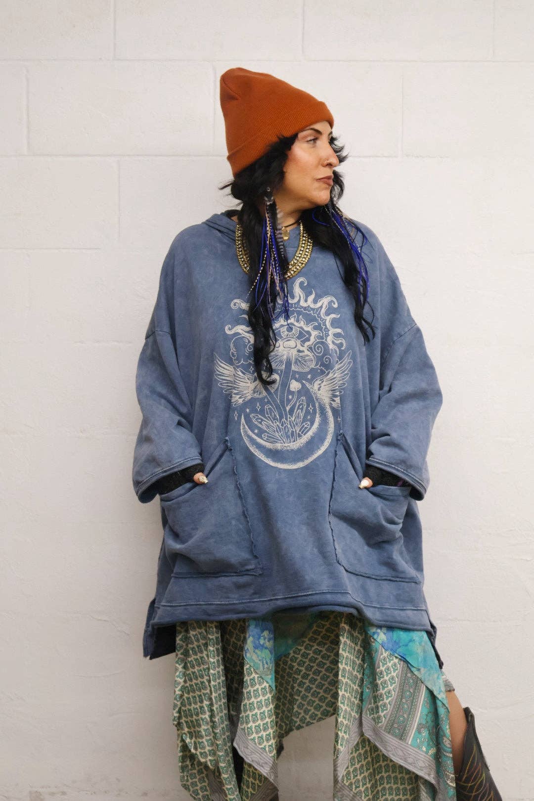 Kantha Bae Dream Pullover Hoodie - Washed Denim Boho Graphic - ivyandlavyboutique Kantha Bae