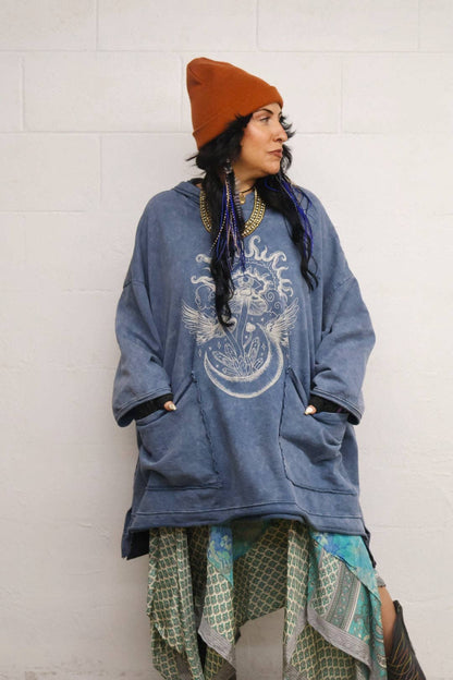 Kantha Bae Dream Pullover Hoodie - Washed Denim Boho Graphic - ivyandlavyboutique Kantha Bae