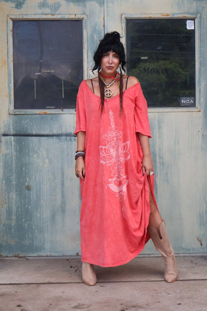 Kantha Bae Dream Tee Maxi Dress - Coral Boho Hippie Graphic - ivyandlavyboutique Kantha Bae
