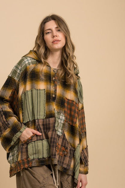 Kicking Leaves Flannel Patchwork Hoodie - ivyandlavyboutique Blue Velvet