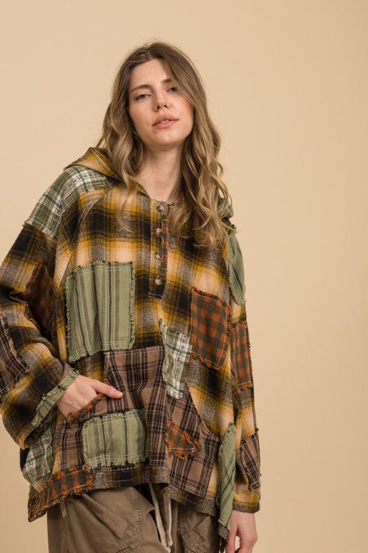 Kicking Leaves Flannel Patchwork Hoodie - ivyandlavyboutique Blue Velvet