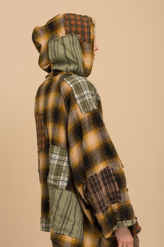 Kicking Leaves Flannel Patchwork Hoodie - ivyandlavyboutique Blue Velvet